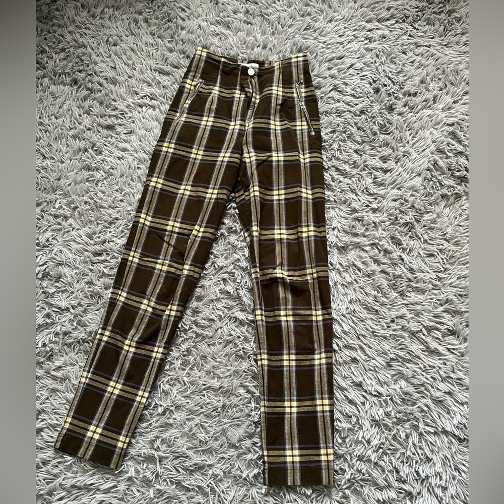 High waisted cotton dark green checked pants